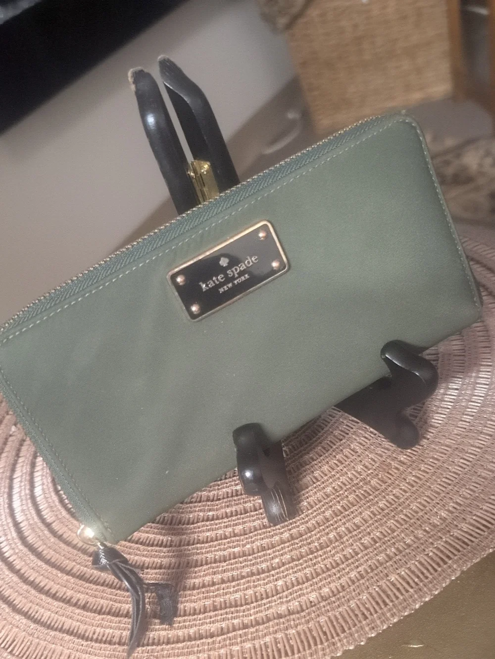 kate spade New York Olive Green Zip Wallet with Gold Plaque